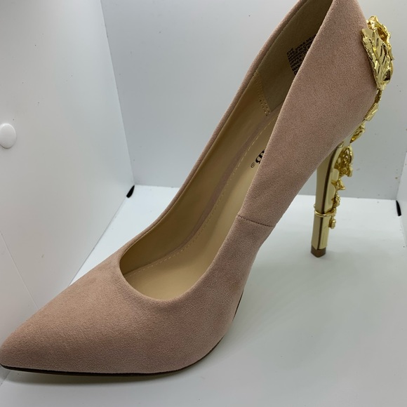 NWOT Elegant JUSTFAB Blush Pink Suede PUMPS Embellished with GOLD - Picture 6 of 7